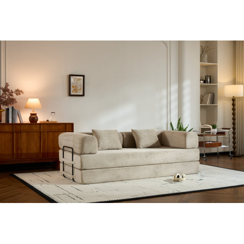 Beige Corduroy Convertible Sleeper Sofa Bed with Cylindrical Pillow