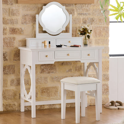 White Compact Vanity Table Set with Reversible Adjustable Mirror, 5 Drawer Storage & PU Cushioned Stool