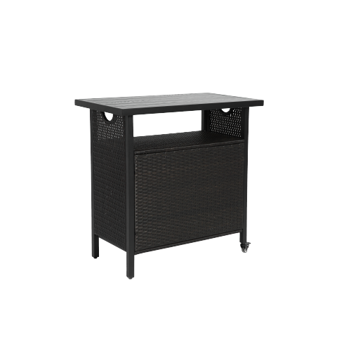 Outdoor Wicker Bar Cart, Patio Wine Serving Cart w/Wheels , Rolling Rattan Beverage Bar Counter Table w/Glass Top for Porch Backyard Garden Poolside Party, Black