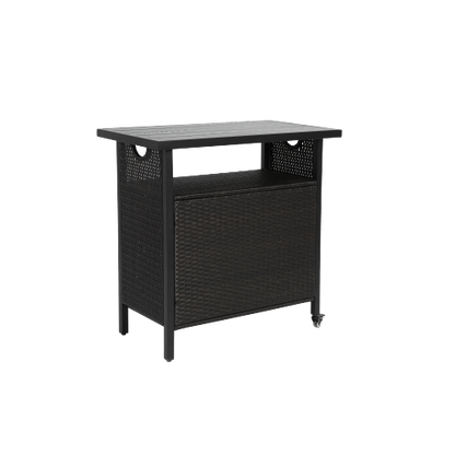 Outdoor Wicker Bar Cart, Patio Wine Serving Cart w/Wheels , Rolling Rattan Beverage Bar Counter Table w/Glass Top for Porch Backyard Garden Poolside Party, Black