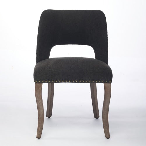Set of 2 Black Hollow Back Fabric Dining Chairs, Curved Solid Wood Legs With Handmade Copper Nails