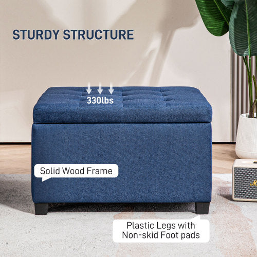 Blue Button Tufted Storage Ottoman with Flip Top, Eucalyptus Wood Frame Square Foot Stool with Safety Metal Hinge
