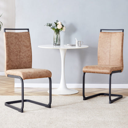 High Back Fabric Dining Chairs with C-Shaped Metal Legs, Set of 2, Brown/Black