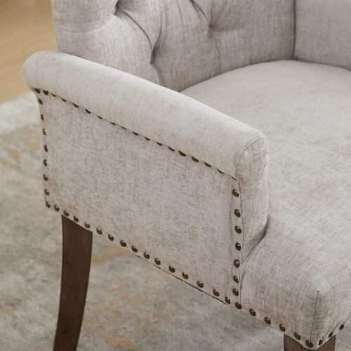 Upholstered Chenille Arm Dining Chair, Tufted Accent Chair with Curved Solid Wood Legs, Beige, Single Pack