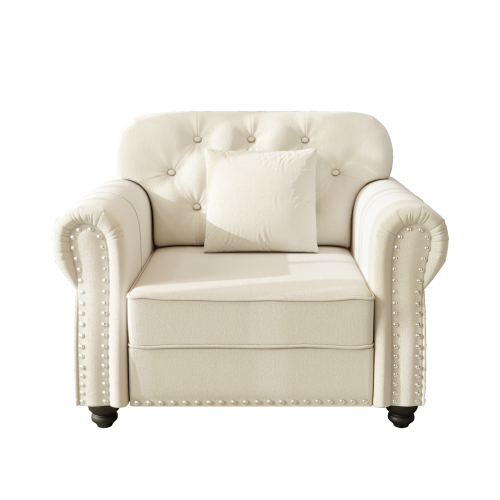 41.3 inch  Beige-White Mid-Century Velvet Sofa,Nailhead Trim,Button Tufting,1 Pillow