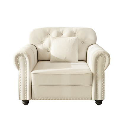 41.3 inch  Beige-White Mid-Century Velvet Sofa,Nailhead Trim,Button Tufting,1 Pillow