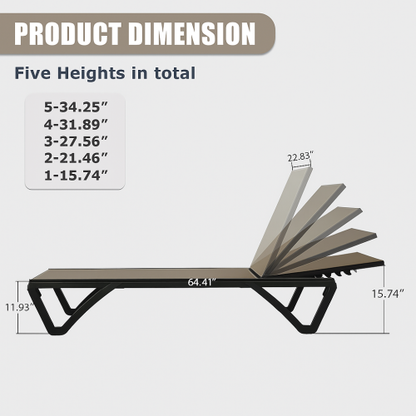 Pool Lounge Chairs Set of 2, Aluminum Patio Chaise Lounge with Wheels, 5 Position Adjustable, All Weather Outdoor Lounge Chairs for Beach, Yard, Balcony, Poolside, Khaki