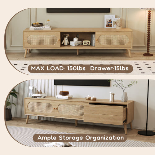 70.8 Inch Natural Wood Boho Rattan Sliding Door TV Stand Solid Wood Legs Holds 80 Inch TV