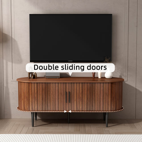 Walnut Modern Sliding Door TV Stand 47 Inch Living Room Entertainment Console Table