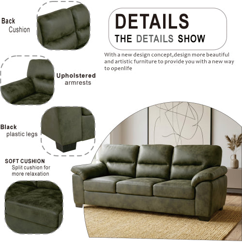 81 inch  Olive-Green 3-Seater Retro Foil-Fabric Sofa,Padded Armrests,Black Triangle Legs