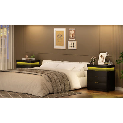 Nightstand with Charging Station and LED Lights,Night Stand with Sliding Top for Bedroom,Bedside Table with Drawers,Modern End Side Table,Black.28.8''W x 17''D x 30.5''H.