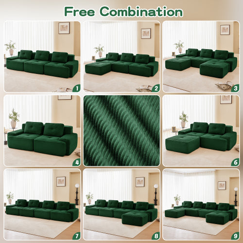 82 inch  Green L-Shaped Corduroy Modular Sofa, Movable Ottoman, No Assembly Required