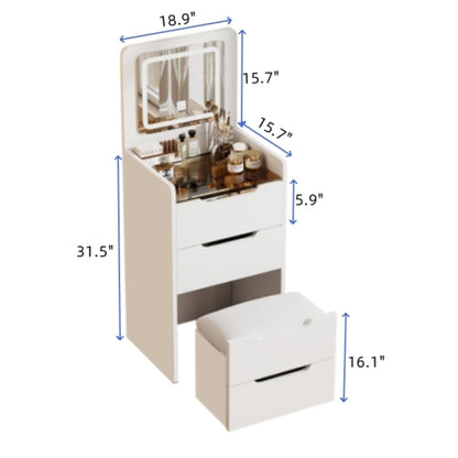 ( 48CM ) 3 in 1 Vanity Desk with Plip Top Mirror, Small Make Up Vanity Set with Visible Glass Desktop, Compact Makeup Vanity with 3 Drawers, Dressing Table for Bedroom ( WHITE COLOR )
