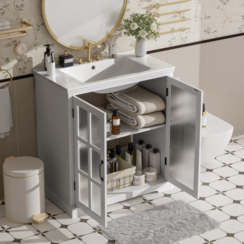 30" Modern Bathroom Vanity with Ceramic Sink, Bathroom Vanity Cabinet with Tempered Blurred Glass and Matte Black Handles, Equipped with Large Storage Space and Rubber Wood Frame, White