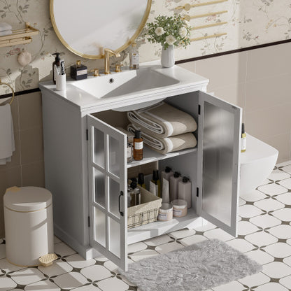 30" Modern Bathroom Vanity with Ceramic Sink, Bathroom Vanity Cabinet with Tempered Blurred Glass and Matte Black Handles, Equipped with Large Storage Space and Rubber Wood Frame, White