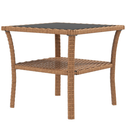 Outsunny Rattan Side Table Outdoor End Table with Storage Shelf Aluminum Frame Tempered Glass Top
