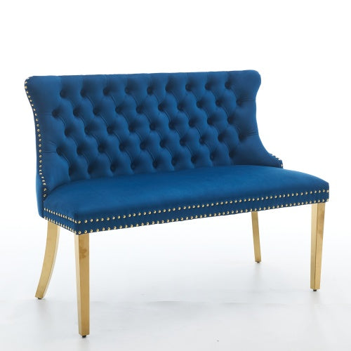 Velvet Double Dining Loveseat Bench, Kitchen & Dining Seating, 2-Seat Tufted Bench w/Handmade Buttons, Wing Back, Gold-Plated Steel Legs, Mid Century Modern,Single Pack,Blue
