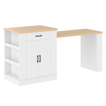 Extendable island console with drawers, double-door cabinet, and open shelving. Serves as dining table, temporary breakfast bar, and afternoon tea lounge,White