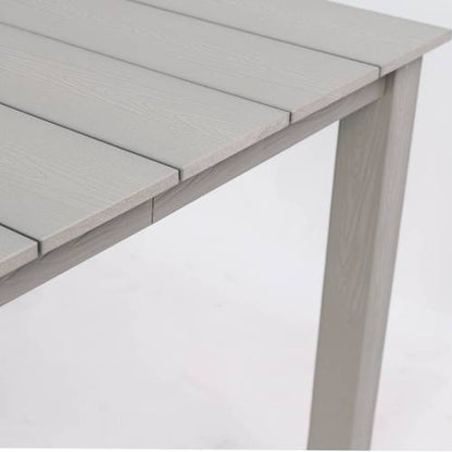 A wooden-textured imitation wood dining table, simple yet with a high quality feel. It has a small tabletop and is perfect for outdoor picnics. Light gray color, 68.9 inches long.