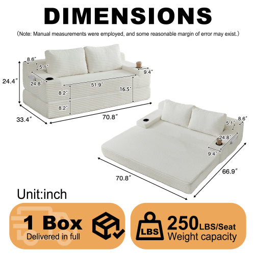 70.8-inch corduroy two-in-one sofa bed, featuring a lounge chair with two throw pillows, built-in cup holders in the armrests, and side storage pockets-ideal for living rooms, bedrooms, and relaxation