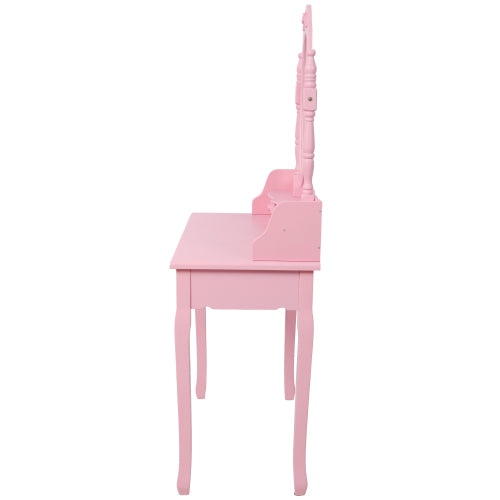 Pink Princess Vanity Desk Set with Mirror & Cushioned Stool, 4-Drawer Wooden Makeup Vanity Table for Girls' Bedroom, Dressing Table with Ample Storage