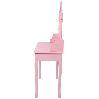 Pink Princess Vanity Desk Set with Mirror & Cushioned Stool, 4-Drawer Wooden Makeup Vanity Table for Girls' Bedroom, Dressing Table with Ample Storage