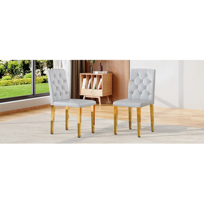 Set of 2 Light Grey PU Dining Chairs, Ergonomic Buckle Backrest, Gold Metal Legs, 35 inch  High