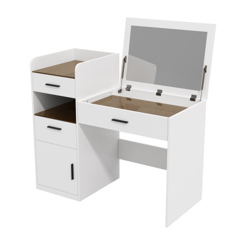 White 3in1 Flip-Top Vanity Desk, Amber Glass Top, Adjustable Dividers, Hidden Storage Cabinet