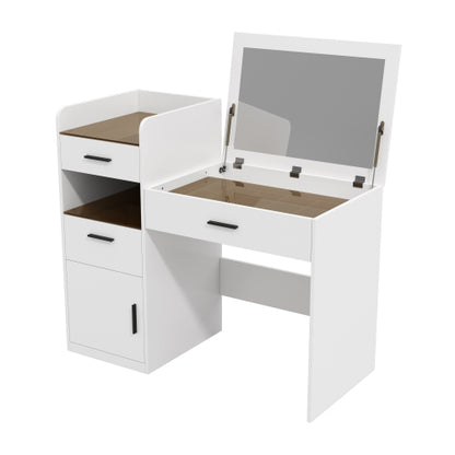 White 3in1 Flip-Top Vanity Desk, Amber Glass Top, Adjustable Dividers, Hidden Storage Cabinet