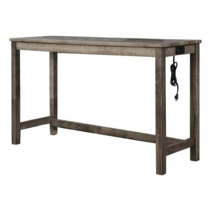 3-Piece Antique Oak Counter Height Dining Set, Solid Wood Table with Outlet & 2 Tufted Linen Stools