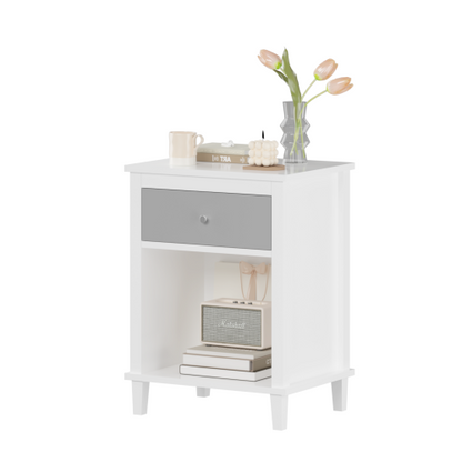 26.77''H Wooden Nightstand with One Drawer One Shelf for Kids, Adults,Gray+Silver handle
