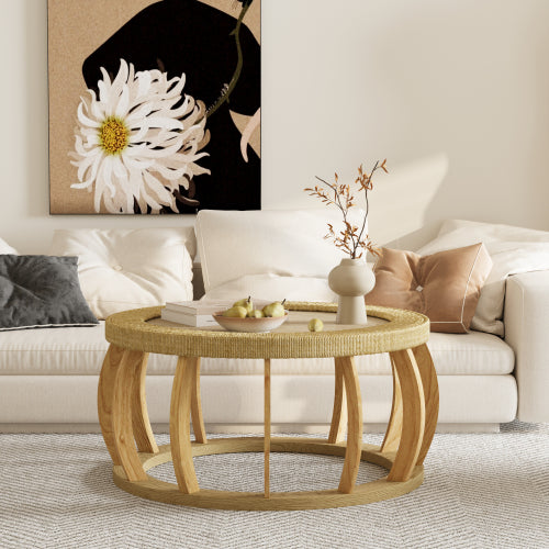 35.43inch  Round Vintage Rattan Coffee Table Solid Wood Boho Curved Leg Accent