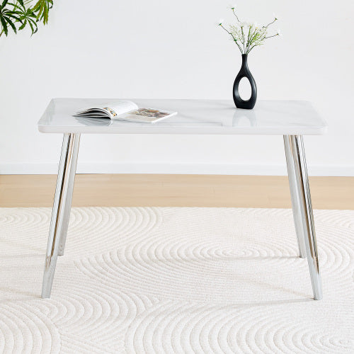 Marble Pattern Glass Dining Table with Silver Tapered Metal Legs