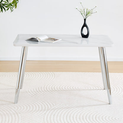 Marble Pattern Glass Dining Table with Silver Tapered Metal Legs