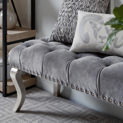 Decor Tufted Fabric Upholstered Bench Nailhead Trim , Gray