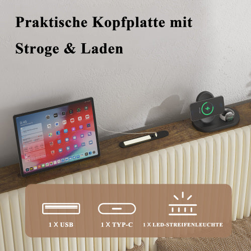 King Size Platform Bed , Metal Bed Frame with Charging Station, No Box Spring Needed, (Beige), Noise Free,Easy Assemble.