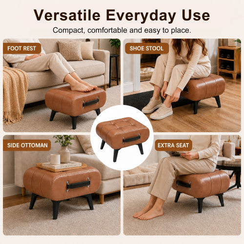 Rectangular Tufted Faux Leather Storage Ottoman with Portable Handle & Metal Legs, Multi-Function Foot Stool for Bedroom