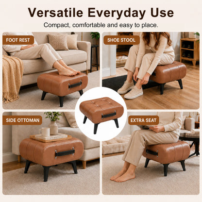 Rectangular Tufted Faux Leather Storage Ottoman with Portable Handle & Metal Legs, Multi-Function Foot Stool for Bedroom