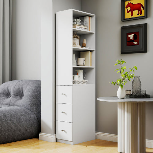 Tall Display Storage Cabinet with Shelves and Side Drawers
