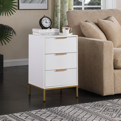 White Mid-Century Nightstand, 3 Wavy Drawers with Gold Metal Legs & Handles Bedroom End Table