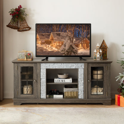 58 Inch Grey Faux Stone Two-Door TV Media Console Adjustable Shelves 6 Cable Holes Fits TVs Up To 65 Inch