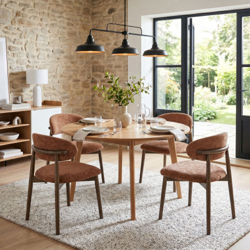 Set of 4 Brown Solid Wood Dining Chairs with integrated soft fabric upholstery for comfortable seating and back support. Featuring a classic minimalist farmhouse design, they are ideal for both kitche