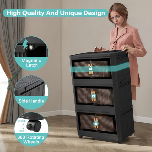 Black 3 Tier Folding Storage Cabinet with Wheels Collapsible Magnetic Door 20 Inch