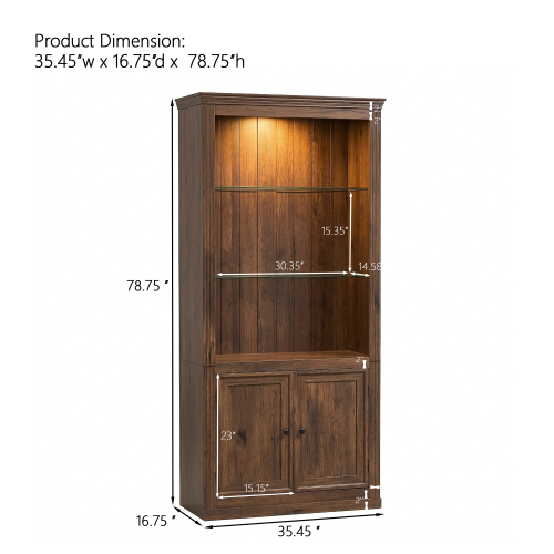 78.75 Inch Brown Retro LED Warm Light Adjustable Glass Display Cabinet
