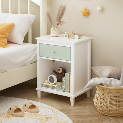 26.77''H Kids Nightstand with Drawer and Shelf, Sage and White Storage Table