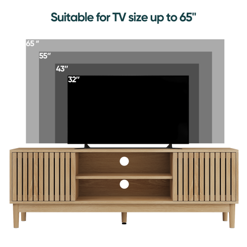 55 Inch Oak Vertical Slat Mid-Century TV Stand Silent Hinge Media Cabinet Fits 65 Inch TV