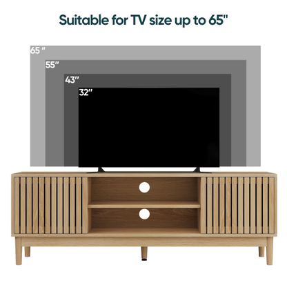 55 Inch Oak Vertical Slat Mid-Century TV Stand Silent Hinge Media Cabinet Fits 65 Inch TV