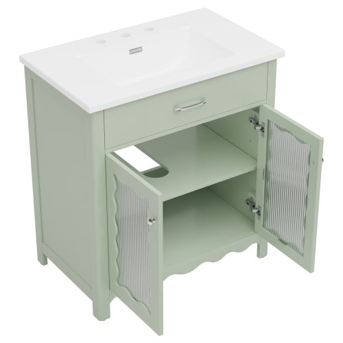 31" Bathroom Vanity with Tempered Glass, Modern Bathroom Cabinet with Rubber Wood legs and Soft close Doors, Green