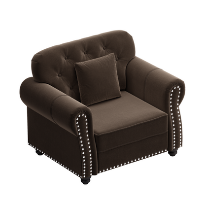 41.3 inch  Brown Mid-Century Velvet Sofa, Nailhead Trim, Rolled Arms, 1 Pillow