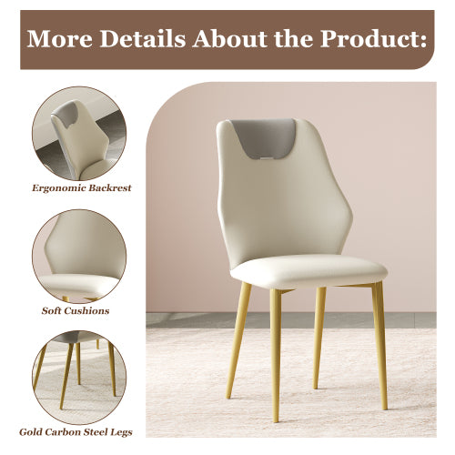 Set of 2 Miller White & Gray PU Dining Chairs, Gold-Plated Carbon Steel Leg 330lbs Weight Capacity
